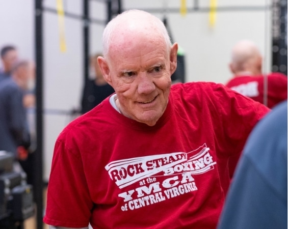 a man in a red shirt